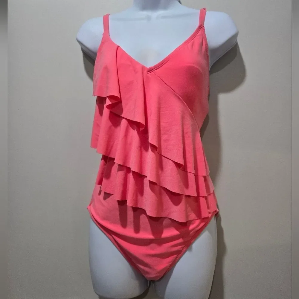 Beyond Control Tiered Ruffle One-Piece Swimsuit NWOT Size 8 Pink